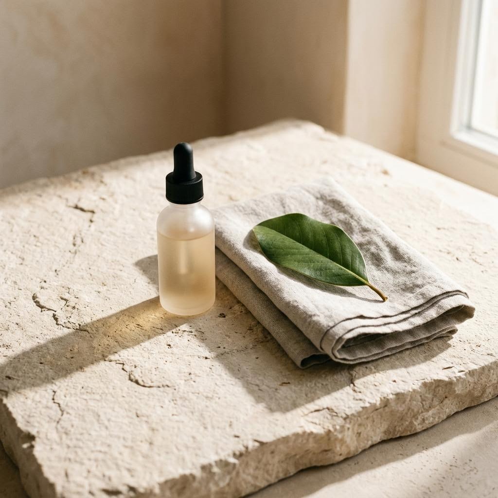 Still life of an unlabeled frosted glass bottle, folded linen, and a single leaf on pale stone